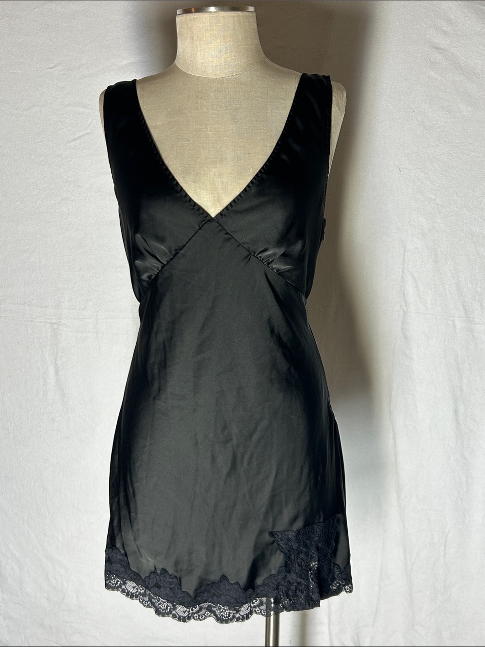 Satin V-Neck Black Slip with Lace Trim